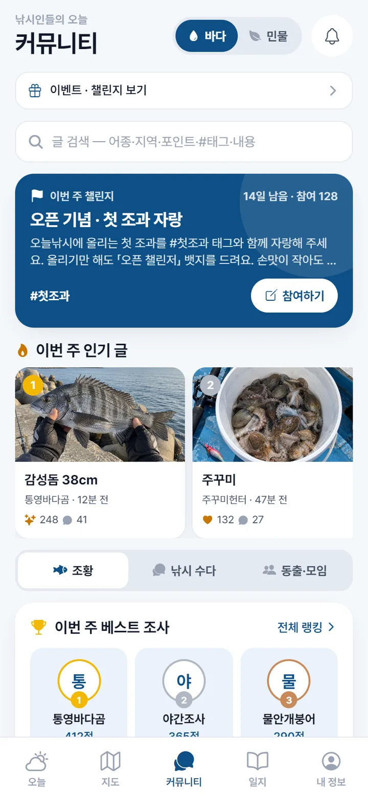 오늘낚시 커뮤니티 화면. 이번 주 인기 조황 글이 보여요.